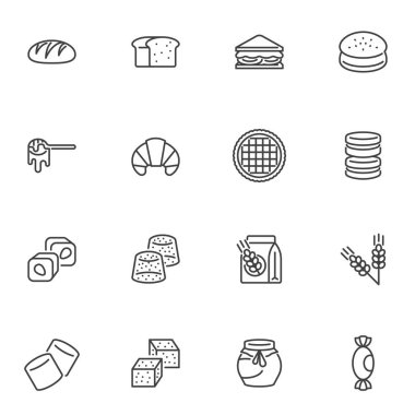 Fırın ve fırın ürün çizgisi simgeleri seti, ana hatlı vektör sembolü koleksiyonu, lineer stil piktogram paketi. İşaretler, logo illüstrasyonu. Sette ekmek, sandviç, kruvasan, kurabiye, pasta gibi ikonlar yer alıyor