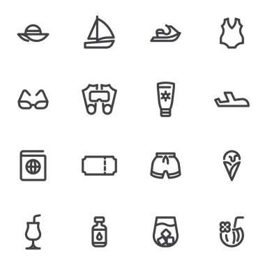 Yaz seyahat çizgisi simgeleri seti, ana hatlı vektör sembolü koleksiyonu, doğrusal resim paketi. Logo illüstrasyonu işaretleri. Set simgeleri plaj şapkası, mayo, dondurma, kokteyl, yelkenli güneş kremi