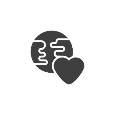 Dünya aşk vektör simgesi. Mobil konsept ve web tasarımı için düz tabela. Dünya gezegeni ve kalp sembolü. Sembol, logo çizimi. Vektör grafikleri