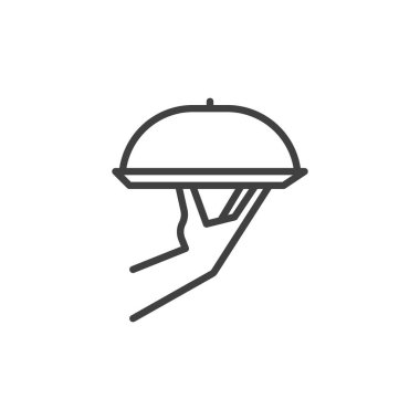 Oda servisi çizgisi simgesi. Mobil konsept ve web tasarımı için doğrusal biçim işareti. Yemek tepsisinin el ele tutuşması vektör ikonu. Sembol, logo çizimi. Vektör grafikleri