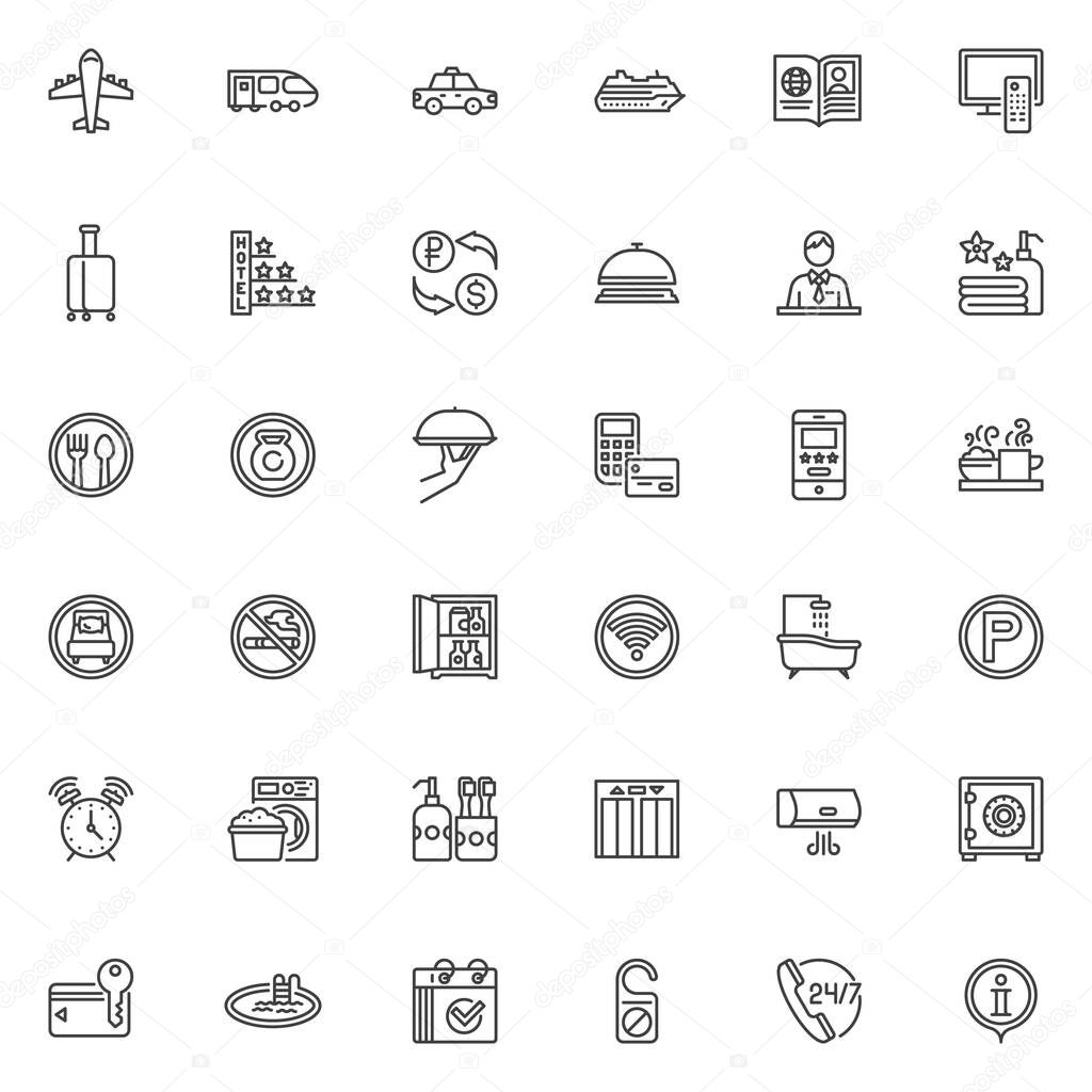 Hotel service line icons set. linear style symbols collection, outline signs pack. Hotel related vector graphics. Set includes icons as online booking, travel, passport, receptionist, restaurant food
