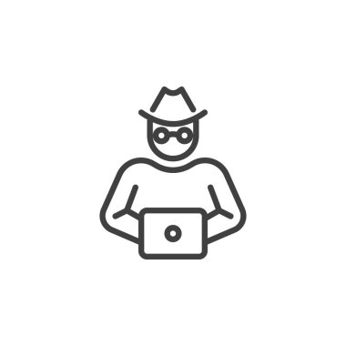 Bilgisayar korsanı çizgisi simgesi. Mobil konsept ve web tasarımı için doğrusal biçim işareti. Hacker dizüstü bilgisayar ana hatlı vektör simgesi kullanıyor. Sembol, logo çizimi. Vektör grafikleri