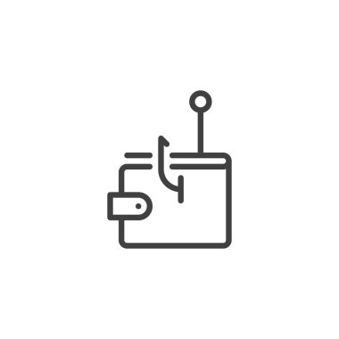 Cüzdan dolandırıcılığı simgesi. Mobil konsept ve web tasarımı için doğrusal biçim işareti. Para cüzdanı ve ana hatlı vektör simgesi. Sembol, logo çizimi. Vektör grafikleri