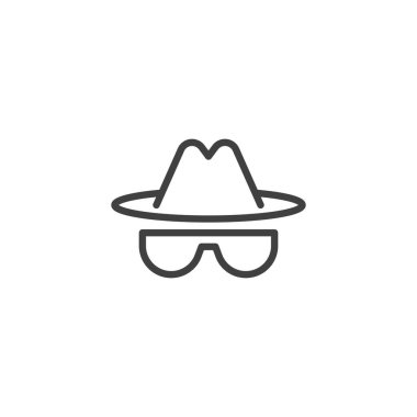 Hacker çizgisi simgesi. Mobil konsept ve web tasarımı için Anonim Casus Tarzı işareti. Şapka ve gözlük taslak vektör simgesi. Sembol, logo çizimi. Vektör grafikleri