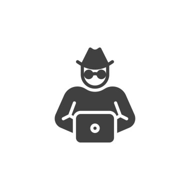 Computer hacker vector icon. filled flat sign for mobile concept and web design. Hacker using laptop glyph icon. Symbol, logo illustration. Vector graphics