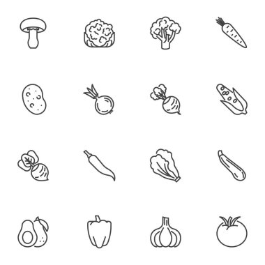 Vegetables line icons set, outline vector symbol collection, linear style pictogram pack. Signs, logo illustration. Set includes icons as broccoli, potato, carrot, tomato, avocado, garlic, aubergine