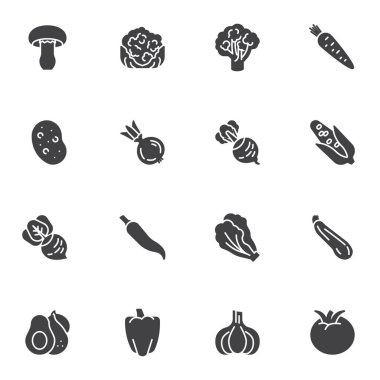 Vegetables vector icons set, modern solid symbol collection, filled style pictogram pack. Signs, logo illustration. Set includes icons as broccoli, potato, carrot, tomato, avocado, garlic, aubergine clipart