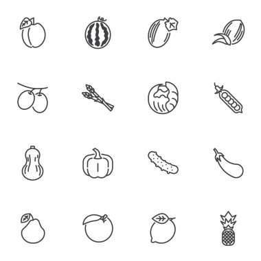 Fruit and vegetables line icons set, outline vector symbol collection, linear style pictogram pack. Signs, logo illustration. Set includes icons as watermelon, olives, asparagus, cucumber, pineapple
