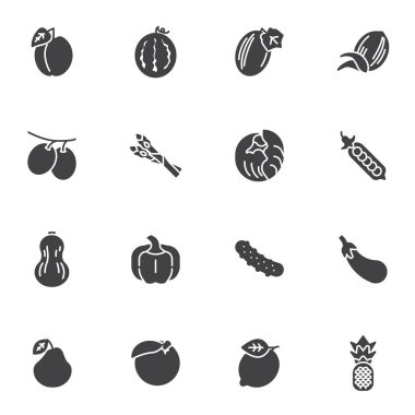 Fruit and vegetables vector icons set, modern solid symbol collection, filled style pictogram pack. Signs, logo illustration. Set includes icons as watermelon, olives, asparagus, cucumber, pineapple