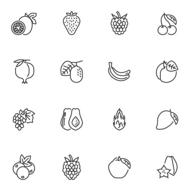 Fruit and berries line icons set, outline vector symbol collection, linear style pictogram pack. Signs, logo illustration. Set includes icons as strawberry, cherry, pomegranate, banana, grapes, peach