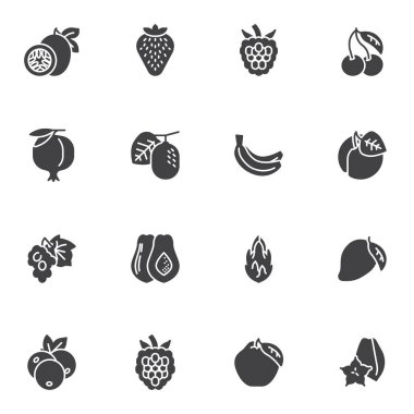 Fruit and berries vector icons set, modern solid symbol collection, filled style pictogram pack. Signs, logo illustration. Set includes icons as strawberry, cherry, pomegranate, banana, grapes, peach