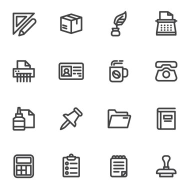 Office Stationery line icons set, outline vector symbol collection, linear style pictogram pack. Signs logo illustration. Set includes icons as push pin, file folder, pencil and ruler, paper clipboard