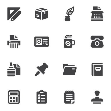 Office Stationery vector icons set, modern solid symbol collection, filled style pictogram pack. Signs logo illustration. Set includes icons as push pin, file folder, pencil and ruler, paper clipboard