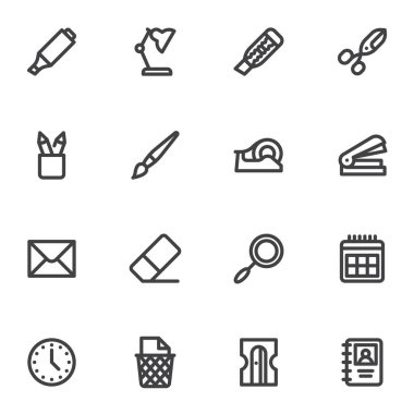 Office supplies line icons set, outline vector symbol collection, linear style pictogram pack. Signs, logo illustration. Set includes icons as stapler, marker, pen, pencil, sharpener, calendar, eraser