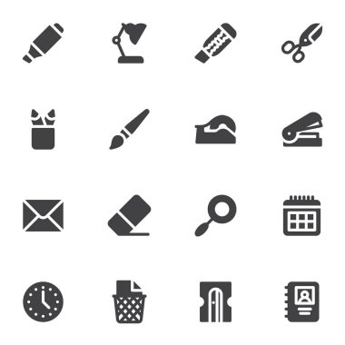 Office supplies vector icons set, modern solid symbol collection, filled style pictogram pack. Signs, logo illustration. Set includes icons as stapler, marker, pen, pencil, sharpener, calendar, eraser