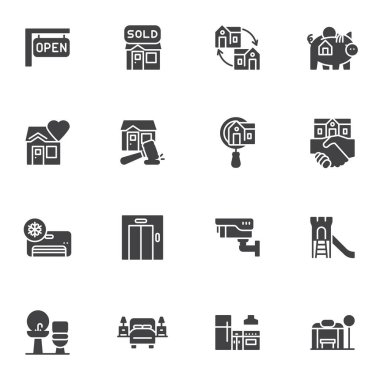 Real estate service vector icons set, modern solid symbol collection, filled style pictogram pack. Signs, logo illustration. Set includes icons as house sold, property search, deal agreement, auction