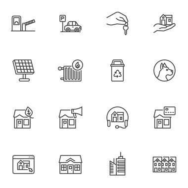 Real estate line icons set, outline vector symbol collection, linear style pictogram pack. Signs logo illustration. Set includes icons as hand with key, office building, house, online booking, parking