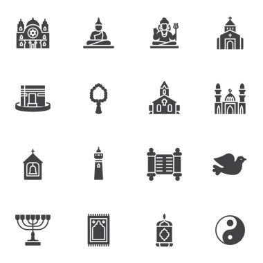 Religion vector icons set, modern solid symbol collection, filled style pictogram pack. Signs, logo illustration. Set includes icons as Christianity, Islam, Hinduism, Buddhism, Judaism, Church, Mosque
