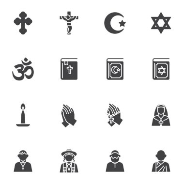 Religious symbols vector icons set, modern solid symbol collection, filled style pictogram pack. Signs, logo illustration. Set includes icons as holy bible and koran book, jewish star, crucifix cross