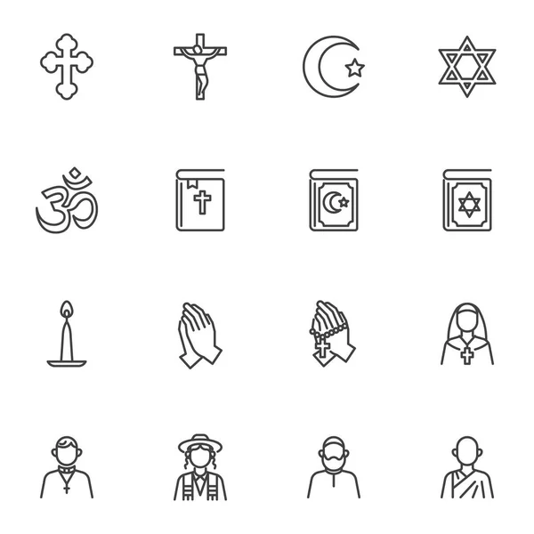 Religious symbols line icons set, outline vector symbol collection, linear style pictogram pack. Signs, logo illustration. Set includes icons as holy bible and koran book, jewish star, crucifix cross