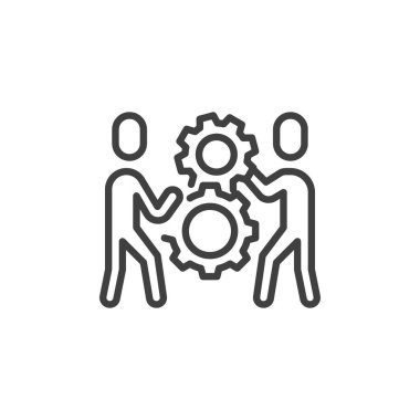 Collaboration, teamwork line icon. linear style sign for mobile concept and web design. Two person and gears outline vector icon. Symbol, logo illustration. Vector graphics