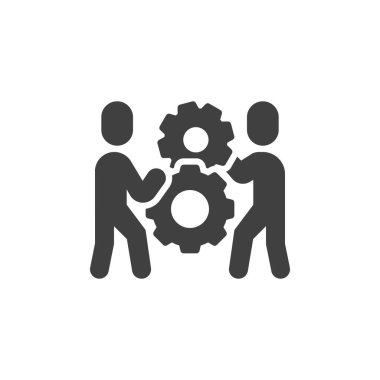 Collaboration, teamwork vector icon. filled flat sign for mobile concept and web design. Two person and gears glyph icon. Symbol, logo illustration. Vector graphics