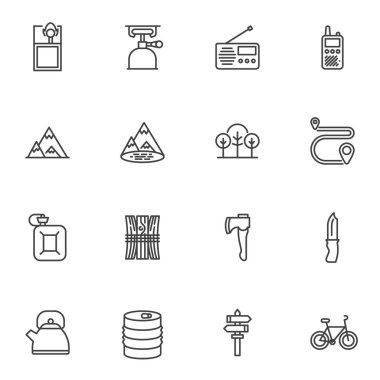 Camping equipment line icons set, outline vector symbol collection, linear style pictogram pack. Signs, logo illustration. Set includes icons as axe, knife, walkie-talkie, radio, burner, matches