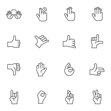 Hand gestures line icons set, outline vector symbol collection, linear style pictogram pack. Signs, logo illustration. Set includes icons as two finger touch, thumb up, hand peace gesture