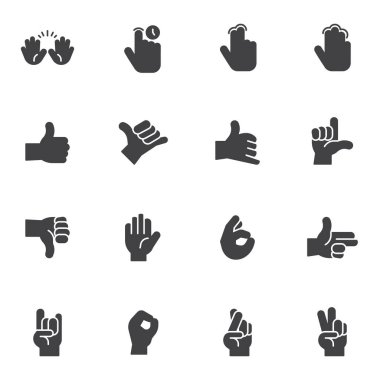 Hand gestures vector icons set, modern solid symbol collection, filled style pictogram pack. Signs, logo illustration. Set includes icons as two finger touch, thumb up, hand peace gesture