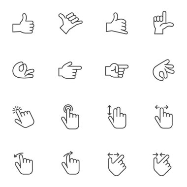 Hand gestures line icons set, outline vector symbol collection, linear style pictogram pack. Signs, logo illustration. Set includes icons as finger double tap, swipe right and left, thumb up gesture