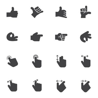 Hand gestures vector icons set, modern solid symbol collection, filled style pictogram pack. Signs, logo illustration. Set includes icons as finger double tap, swipe right and left, thumb up gesture
