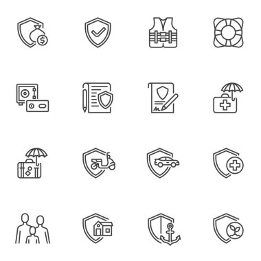 Insurance line icons set, outline vector symbol collection, linear style pictogram pack. Signs, logo illustration. Set includes icons as insurance services contract, life protection shield, family