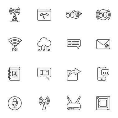 Networking technology line icons set, outline vector symbol collection, linear style pictogram pack. Signs, logo illustration. Set includes icons as mobile phone network, 5G connection, storage cloud