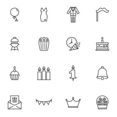 Party related line icons set, outline vector symbol collection, linear style pictogram pack. Signs, logo illustration. Set includes icons as birthday cake, muffin with candle, balloon decoration