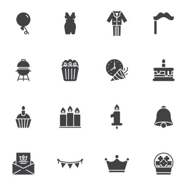 Party related vector icons set, modern solid symbol collection, filled style pictogram pack. Signs, logo illustration. Set includes icons as birthday cake, muffin with candle, balloon decoration