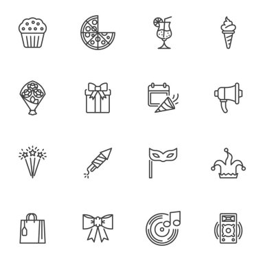 Party line icons set, outline vector symbol collection, linear style pictogram pack. Signs, logo illustration. Set includes icons as food and drinks, gift box, flowers bouquet, music, firework rocket