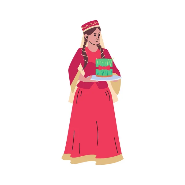 Azerbaijani Woman Holding Semeni Vector Illustration Novruz Holiday Celebration Flat — Stok Vektör
