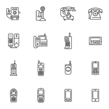 Evolution of the Telephone line icons set. linear style symbols collection, outline signs pack. Phones vector graphics. Set includes icons as cellphone, retro mobile phone, smartphone, old telephone