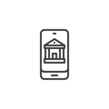 Online bank line icon. Mobile banking linear style sign for mobile concept and web design. Phone screen with bank outline vector icon. Symbol, logo illustration. Vector graphics