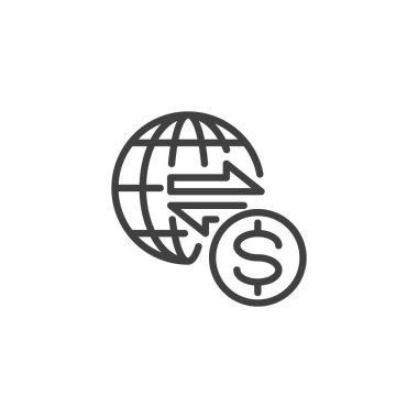 Global money transfer line icon. linear style sign for mobile concept and web design. Globe with dollar and arrows outline vector icon. Symbol, logo illustration. Vector graphics