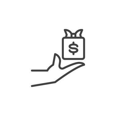 Donation program line icon. linear style sign for mobile concept and web design. Hand and money donation box outline vector icon. Symbol, logo illustration. Vector graphics