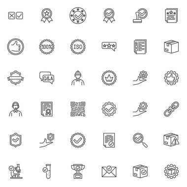 Quality control line icons set. linear style symbols collection, outline signs pack. Quality assurance vector graphics. Set includes icons as warranty certificate badge, guarantee, customer review