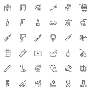 Pharmacy service line icons set. linear style symbols collection, outline signs pack. Pharmacy store vector graphics. Set includes icons as medical prescription, nasal spray, medicine dropper bottle