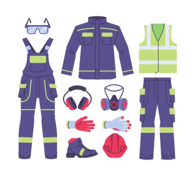 Workwear uniform vector illustration. Industrial work uniform, safety vest, protective glasses, gloves, respirator mask, ear muffs, overall suit, boots. Flat style design. Colorful graphics