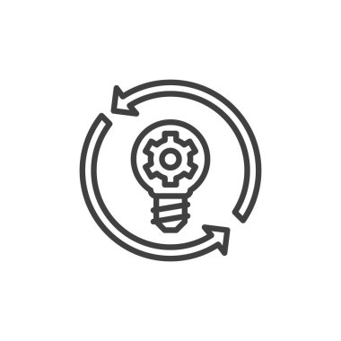 Idea generation line icon. linear style sign for mobile concept and web design. Lamp with gear and arrows outline vector icon. Symbol, logo illustration. Vector graphics