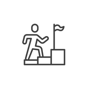 Career advancement line icon. linear style sign for mobile concept and web design. Man on staircase with flag outline vector icon. Symbol, logo illustration. Vector graphics