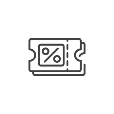 İndirim kuponu çizgisi simgesi. Mobil konsept ve web tasarımı için doğrusal biçim işareti. Yüzde indirimi kuponu taslak vektör simgesi. Sembol, logo çizimi. Vektör grafikleri