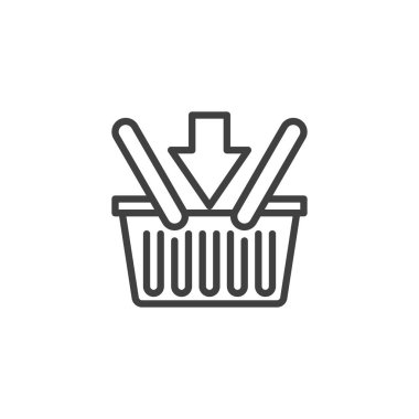 Sepet çizgisi simgesine ekle. Mobil konsept ve web tasarımı için doğrusal biçim işareti. Alışveriş sepeti ve ok taslak vektör ikonu. Sembol, logo çizimi. Vektör grafikleri