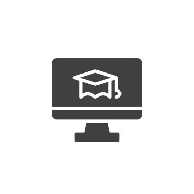 Online learning vector icon. Computer monitor with student cap filled flat sign for mobile concept and web design. E-learning glyph icon. Symbol, logo illustration. Vector graphics