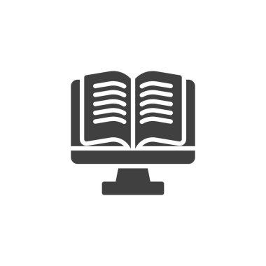 Online book reading vector icon. E-book filled flat sign for mobile concept and web design. Computer monitor with book glyph icon. Symbol, logo illustration. Vector graphics